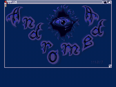 Andromeda eye emblem animated inside the simulated AmigaDOS window